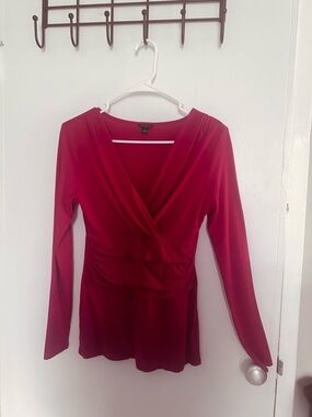 Ann Taylor Red Long-Sleeve Wrap Peplum Top